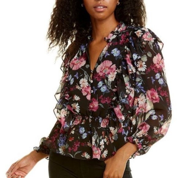 YUMK KIM Berkeley Sunshine Clover Black Floral Blouse Size XS - Picture 1 of 11